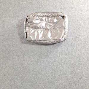 Anorak Metallic Silver Champagne Puffer Cosmetic Bag Makeup Pouch Quilted Clutch